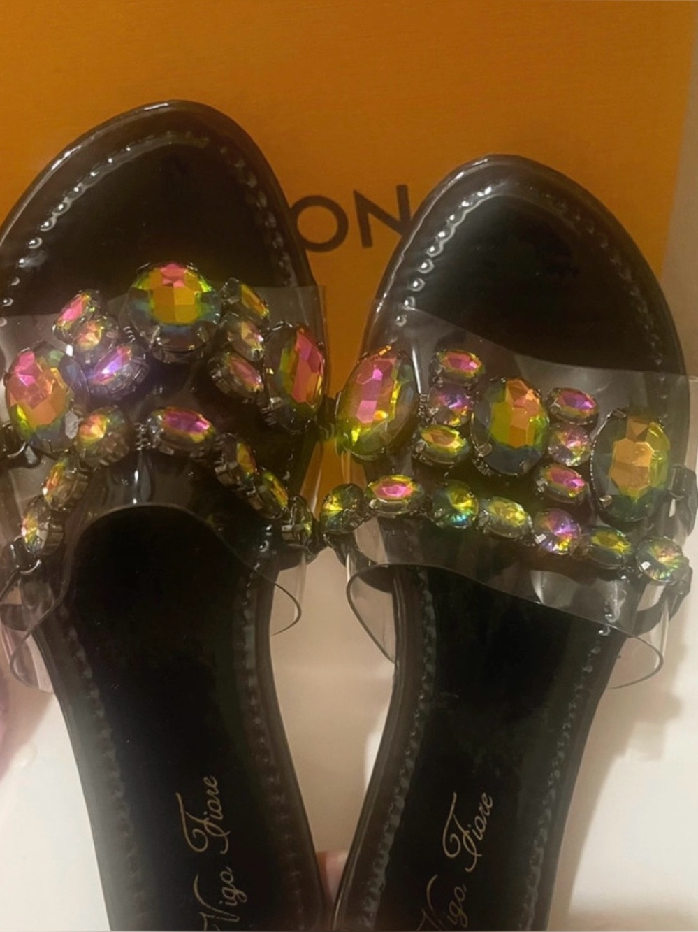 Clear Slide Sandals with Iridescent Gem Embellishments - Black